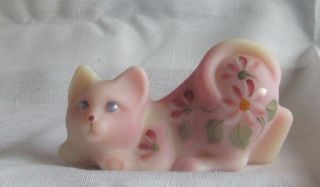 Vintage Fenton Pink Burmese Glass Cat Hand Painted Signed