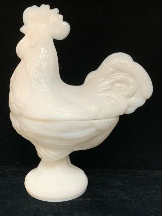 Vintage 8 - 1/2” White Milk Glass Rooster Candy Dish Chicken Standing (sh19)