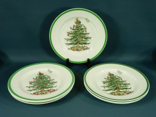 7 Vtg Spode Christmas Tree Dinner Plates 10 1/2 " Diameter S3324 - Green Trim