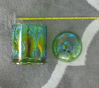 Vintage Iridescent Green Carnival Glass Canister Jar W/ Lid
