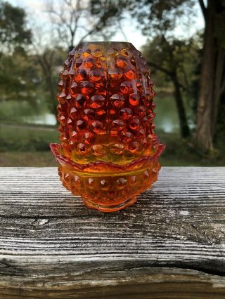 Vintage Fenton Hobnail Glass Red Orange Amberina Fairy Lamp