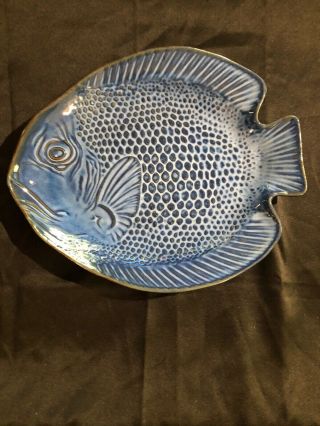 Vintage Uttermost Ceramic Blue Fish Plate Platter Japan,  Raised Scales