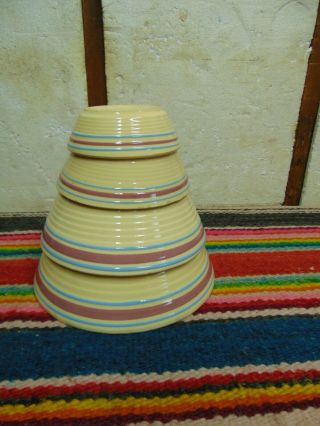 4 Vintage Watt Oven Ware Pottery Nesting Mixing Bowls Pink & Blue Bands Stripes