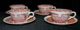 Mason ' s Vista Pink Ironstone Vintage Transferware Coffee Cups & Saucers - 4 2