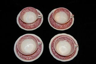 Mason ' s Vista Pink Ironstone Vintage Transferware Coffee Cups & Saucers - 4 4