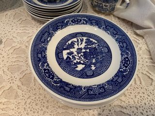 Royal China Blue Willow 7.  25” Salad/Dessert Plates Vintage Willow Ware Set of 8 2