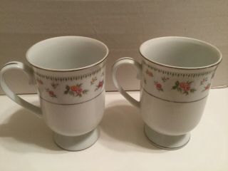(2) Abingdon Fine Porcelain China Coffee Tea Cups Japan Roses Platinum Trim