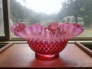 Vintage Fenton Cranberry Opalescent Hobnail Ruffled Bowl