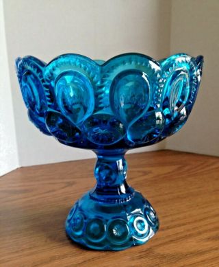 Vintage Le Smith Moon And Stars Glass Pedestal Candy Dish Compote Colonial Blue