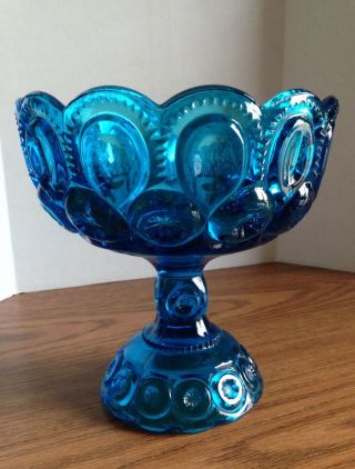 Vintage LE SMITH MOON AND STARS Glass Pedestal Candy Dish Compote COLONIAL BLUE 2