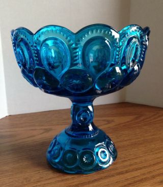 Vintage LE SMITH MOON AND STARS Glass Pedestal Candy Dish Compote COLONIAL BLUE 3