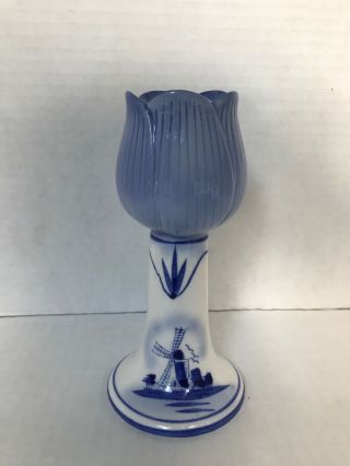 Vintage Delft Blue White Hand Painted Tulip Shaped Candle Holder Windmill