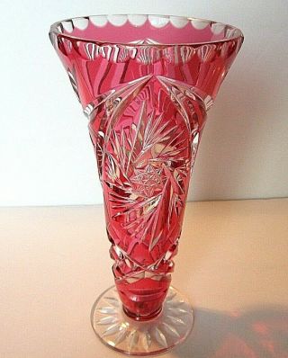 Vintage Bohemian Red To Clear Cut Cranberry Flashed Glass Trumpet Vase