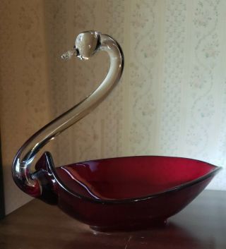 Vintage Large Duncan Miller Swan Ruby Red Glass/crystal Dish - Circa 1940s