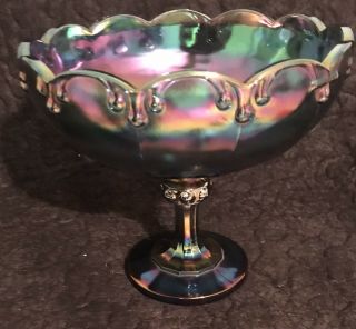 Indiana Carnival Glass Compote Footed Bowl Iridescent Blue Teardrop Garland 2
