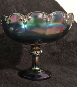 Indiana Carnival Glass Compote Footed Bowl Iridescent Blue Teardrop Garland 4