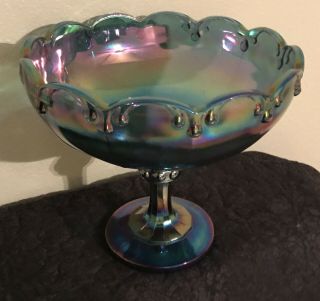Indiana Carnival Glass Compote Footed Bowl Iridescent Blue Teardrop Garland 5