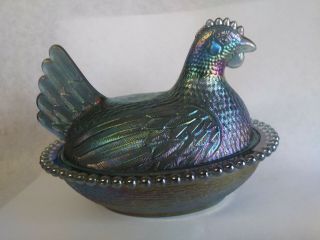 Vintage Indiana Glass Beaded Chicken Hen On Nest 7 " Blue Irridescent