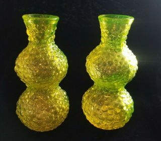 Yellow Vaseline Uranium Glass 2 Italian Bubble Vases