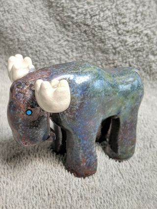 Raku Art Pottery Metallic Glaze Moose Animal Figurine Turquoise Blues Eyes