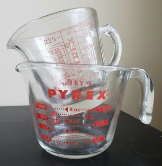 Vintage Set Of 2 Pyrex Glass Measuring Cups (1 Cup) Red Lettering