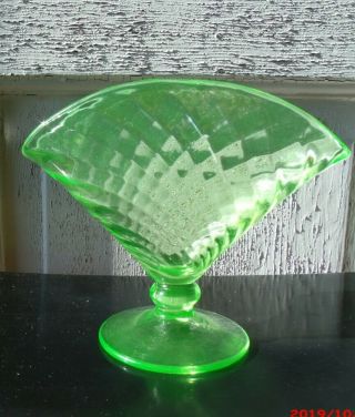 Vintage Green Vaseline Uranium Glass Fan Vase Five Inch Swirl Pattern