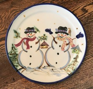 Vintage 1997 Clouds Folsom Pottery Two Snowman Round Plate 11 " California