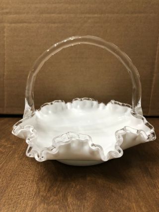 Fenton Glass Silvercrest Milkglass Basket White With Clear Handle And Rim