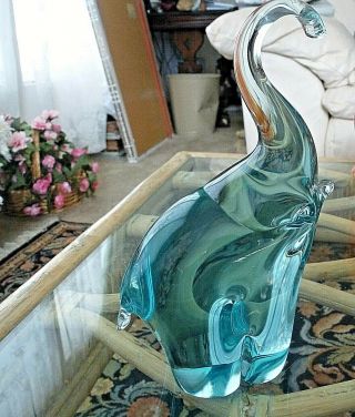 Vintage Glass Elephant Trunk Up Blue Paperweight Figurine