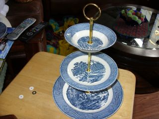 Currier And Ives 3 Tier Tidbit Tray,  Royal China Usa Blue,
