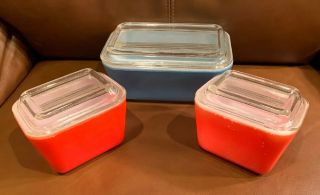 Set Of 3 Vintage Pyrex Orange Turquoise Refrigerator Dish 501 - 502 Lids Vintage