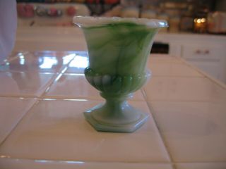 Vintage Akro Agate Green Swirl Slag Glass Urn Toothpick Holder