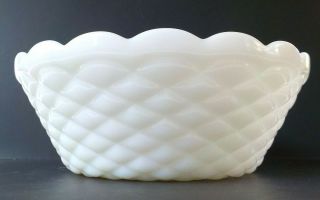 Fancy Pure White Milk Glass Diamond Design Large Bowl Scalloped Rim Vintage