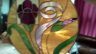 Vintage Large 16 " Round Leaded Stained Glass Floral Window Hanger,  Vg Cond.