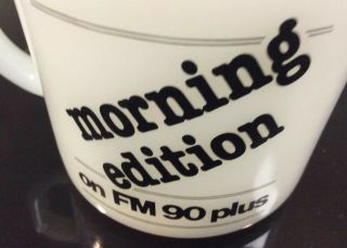 Vintage Milk Glass Anchor Hocking Advertising Mug Morning Edition FM 90 plus 4