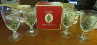 4 Spode Christmas Tree 16 Oz.  Water Glasses Stems Goblets Gold Rimmed