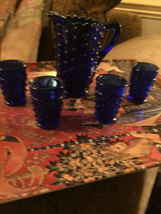 Vintage Miniature Cobalt Blue Hobnail Glass Pitcher & 4 Glasses Set