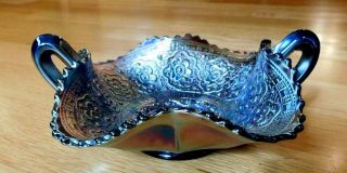 Antique Fenton Carnival Glass Persian Medallion Blue Two Handle Bowl Dish Excell 2