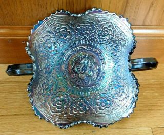 Antique Fenton Carnival Glass Persian Medallion Blue Two Handle Bowl Dish Excell 5