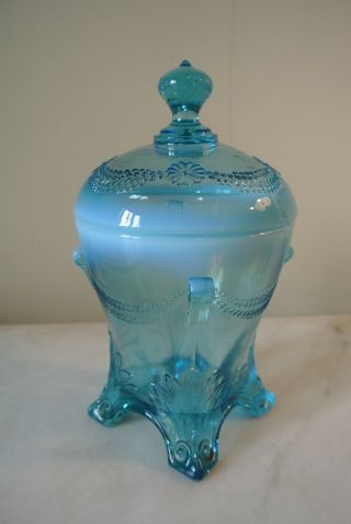Vintage Fenton ? Aqua Blue Opalescent Pattern Footed Candy Dish W Lid