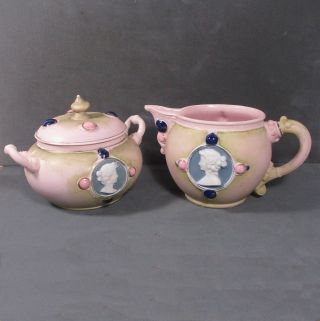 Pink Ceramic Cream & Sugar W Blue 
