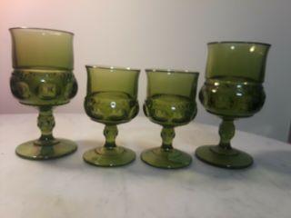 4 Vintage Indiana Green Glass Kings Crown Thumbprint Wine Cordial Goblets.