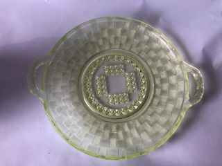 Yellow Depression Glass Handled Cake Dish Plate Basketweave Serving Vaseline