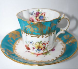 Vtg Hammersley Tea Cup And Saucer Floral Turquoise Gold Signed F Howard