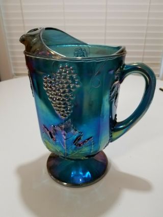 Vintage Indiana Glass Footed Pitcher Harvest Grape Irridescent Blue Carnival
