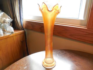 Fenton " Fine Rib " Marigold Carnival Glass 10.  5 " Swung Vase