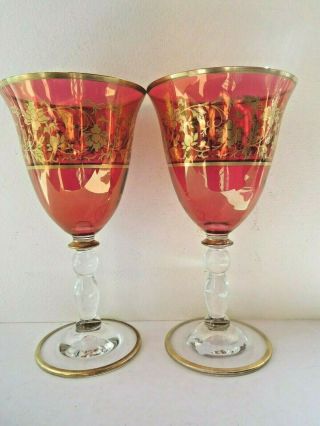 Pair Moser? Cranberry Gilded Iridised Wine Glasses Floral Gilt Band Pretty