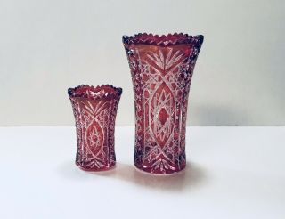 Set 2 Bohemian Cranberry Red Cut To Clear Crystal Vases