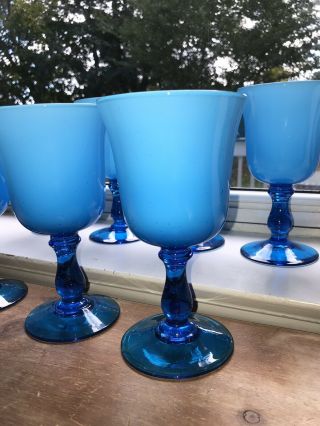 7x Vintage Wine Goblets Glasses Cased Milk White & Blue 6 3/4” Tall