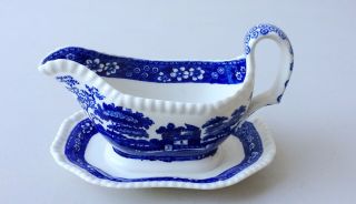 Copeland Spode Old Mark Tower Blue Gravy Boat With Underplate Gadroon Edge